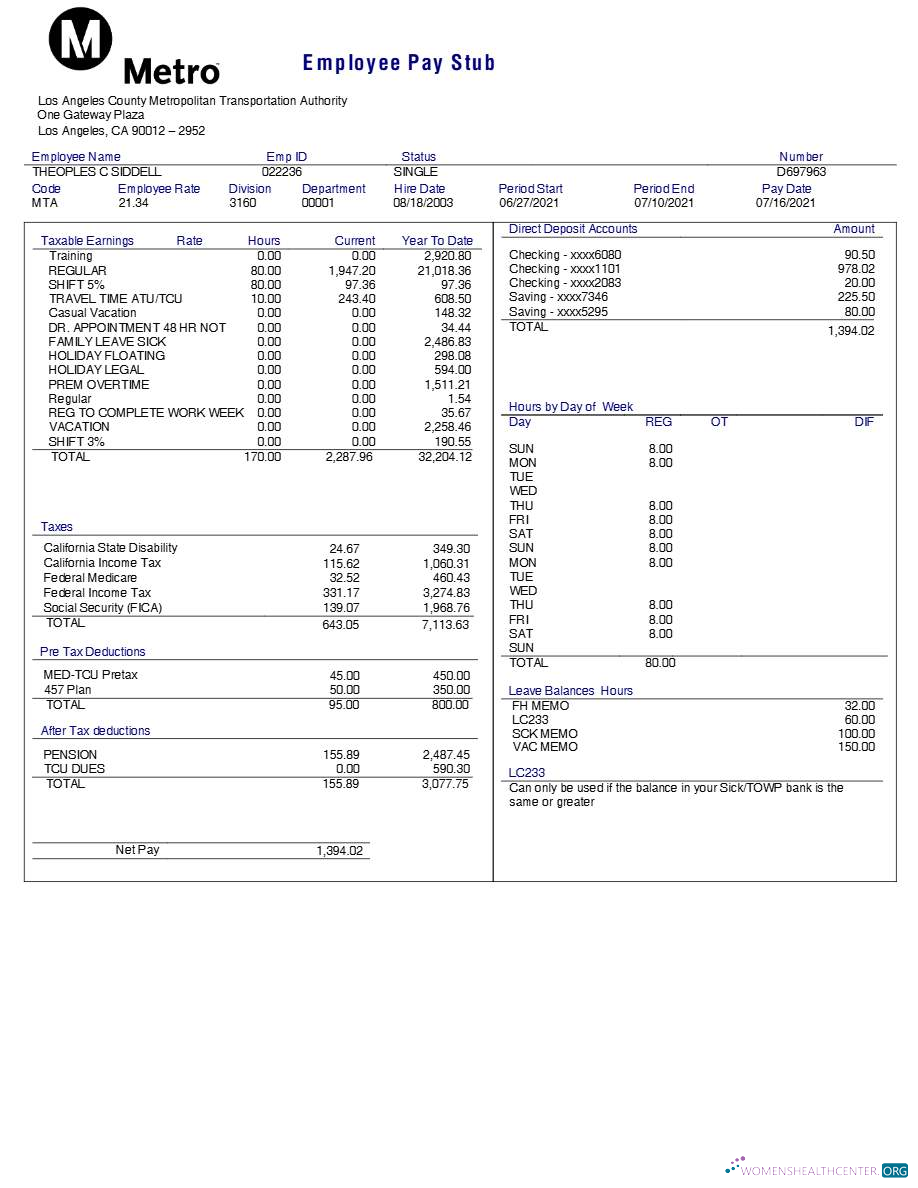 Download Los Angeles County Metropolitan Transportation Authority employee pay stub.pdf, 1 Photoshop template